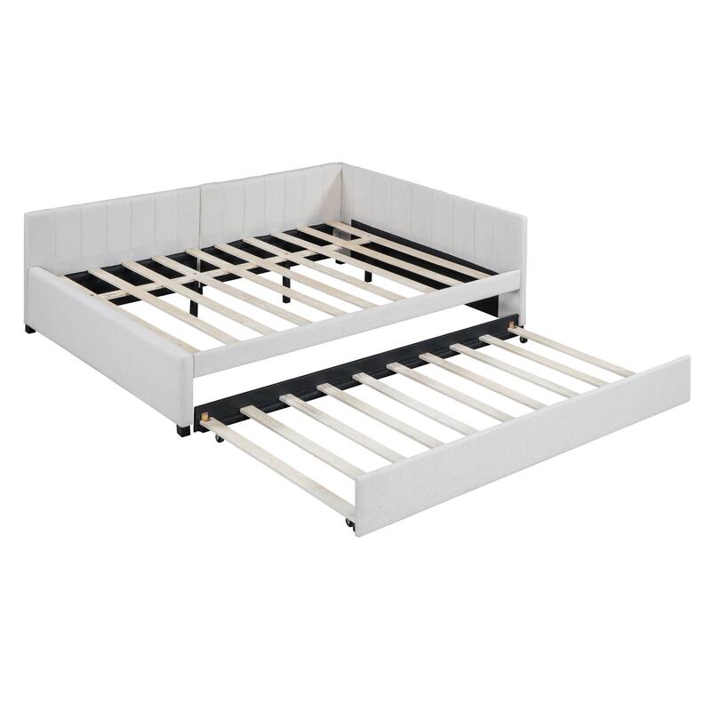 L-Shaped Backrest Daybed Upholstered Daybed Frame Classic Wood Slats Design with 2 Storage Drawers or Trundle, Full Size