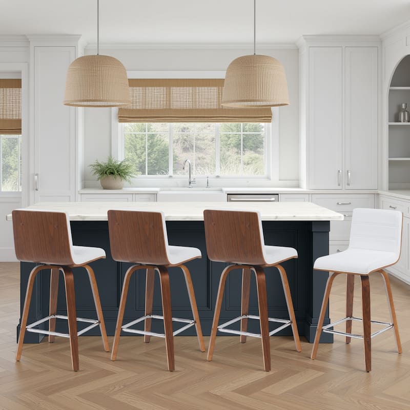 Skara Mid-Century Swivel Counter Stool, Upholstered Counter Height Chair with Bentwood Legs - White Faux Leather & Walnut - Set of 4