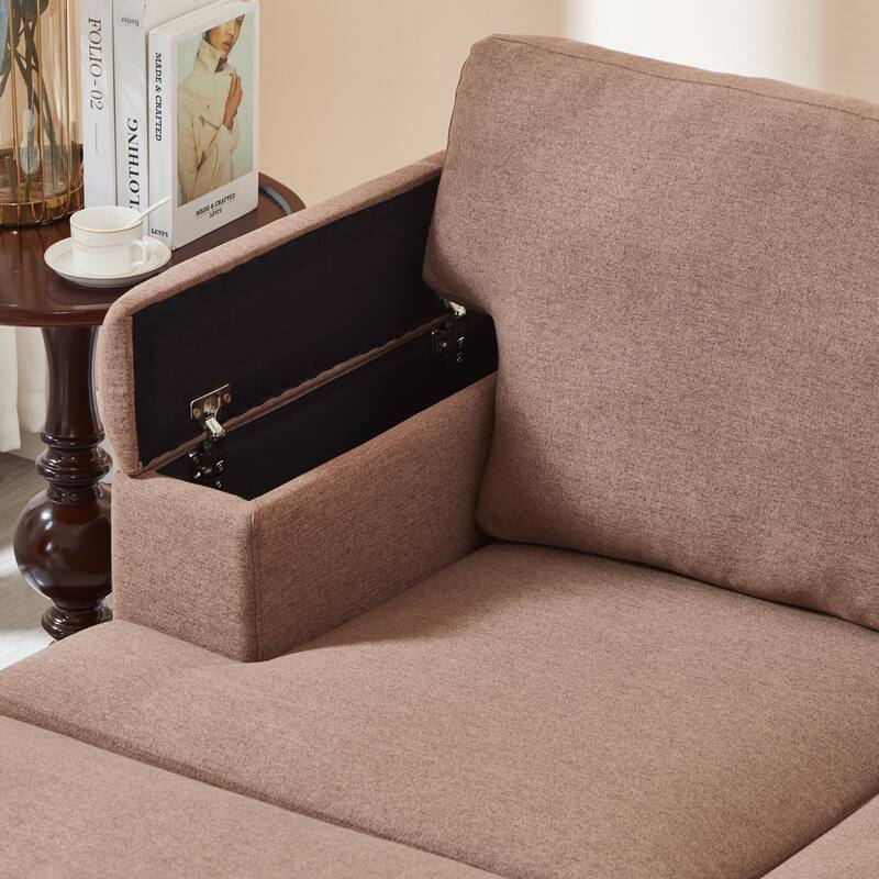 L Shaped 3 Seats Sofa with Armrest Organizer, Linen Sectional Sofa with Movable Ottoman, Comfy Upholstered 3 Seater Couch,