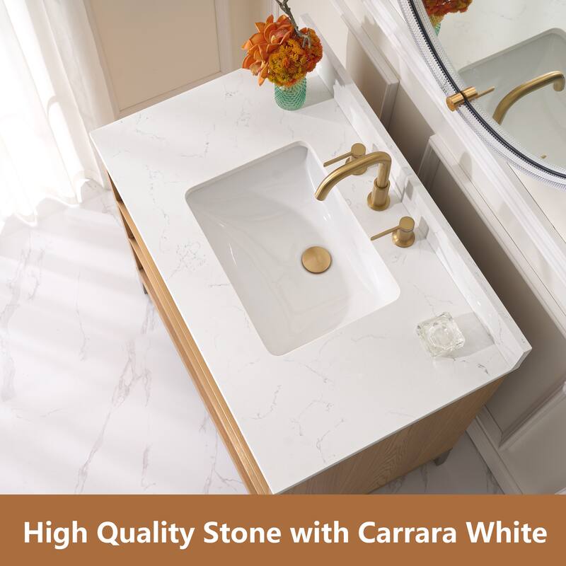 36"/48"/60" W Width Solid Wood Bathroom Vanity with Stain-resistant Carrera White Quartz Top and Sink