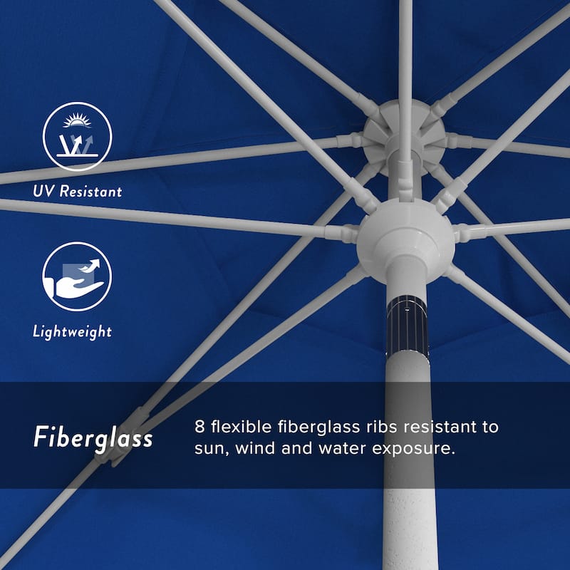 California Umbrella 9' Rd Patio Umbrella White Aluminum Frame Fiberglass Ribs Crank Lift Collar Tilt, Olefin Royal Blue Fabric