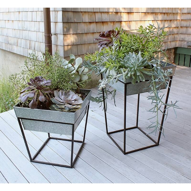 Achla Designs Small Indoor Outdoor Arne Plant Stand With Deep Galvanized Tray, 14 Inch Tall, Black Powder Coat Finish