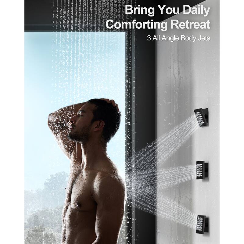 GRANDJOY Thermostatic Shower System 20" Ceiling Mount Shower Head Handheld Spray and Body Jets Combo LED Music