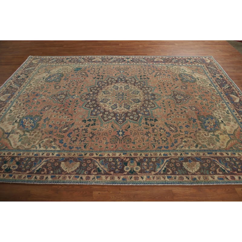 Medallion Tabriz Persian Vintage Rug Hand-Knotted Pink Wool Carpet - 6'10" x 9'8"