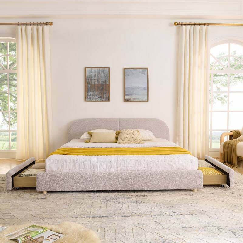 King Size Upholstered Bed Frame Modern Minimalist Style - Circle Yarn Fabric, Tall Curved Headboard