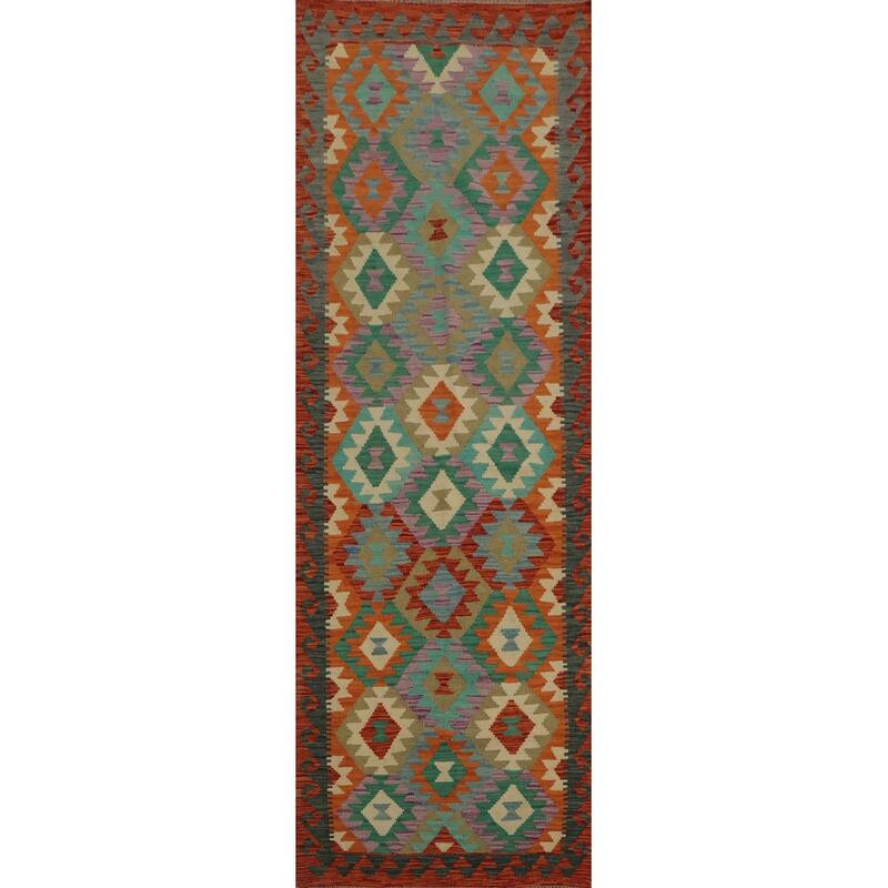 Hand Woven Oriental 100% Wool Carpet Southwestern Geometric Oranges & Rust Kilim Runner Rug - 9' 8'' X 2' 10''