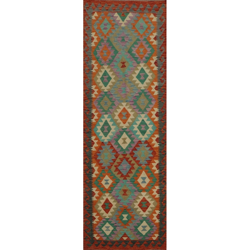 Hand Woven Oriental 100% Wool Carpet Southwestern Geometric Oranges & Rust Kilim Runner Rug - 9' 8'' X 2' 10''