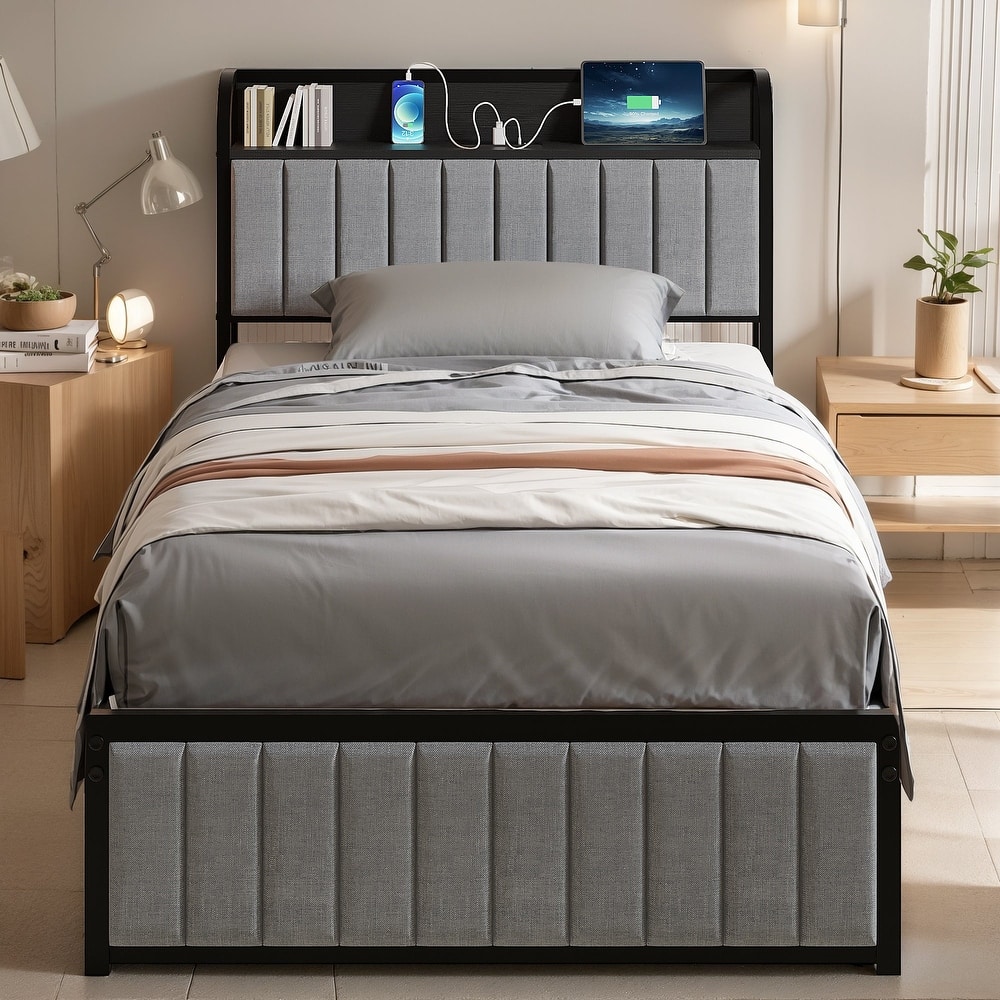 VECELO Upholstered Platform Bed Frame with Storage Headboard and USB AC Ports Charging Station Sturdy Quiet Bed for Bedroom
