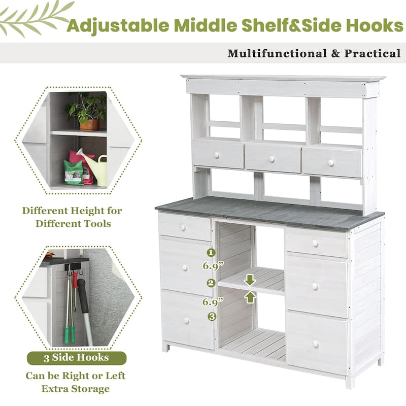 Outdoor Wooden Potting Bench Table with 2 Drawers and Open Shelves