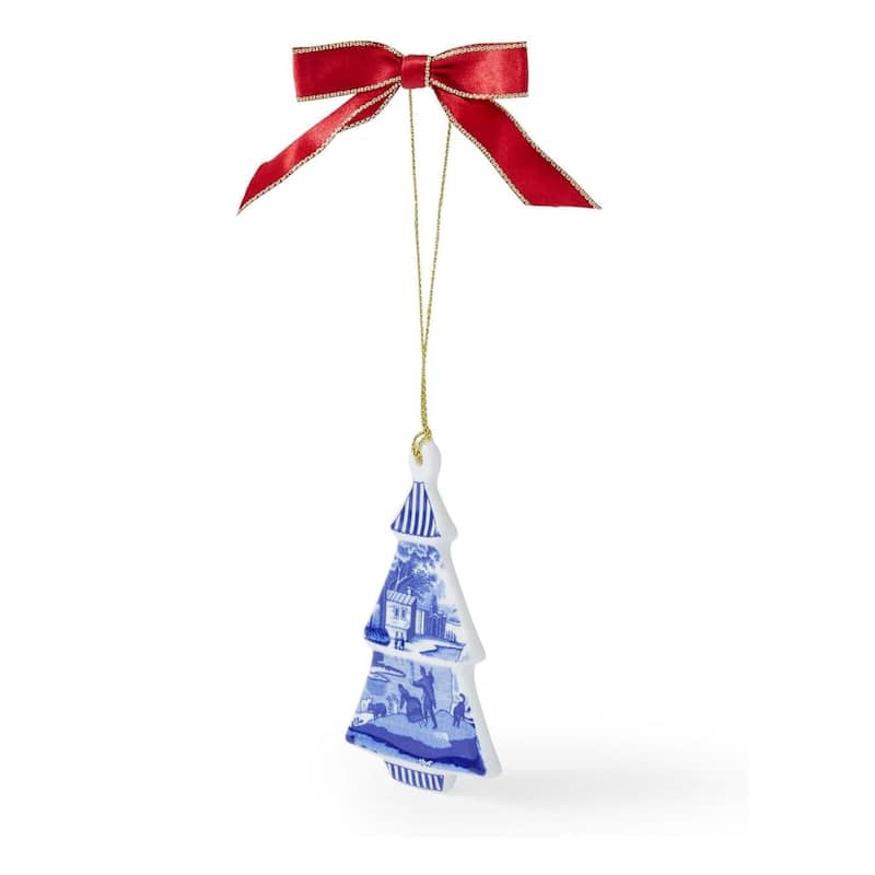 Spode Blue Italian Tree Shaped Ornament - 3.7 Inch x 2.4 Inch - White/Blue/Red