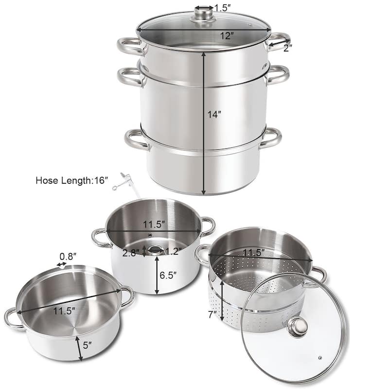 Gymax 11-Quart Stainless Steel Fruit Juicer Steamer Stove Top w/ - 12''x 12''x 14''