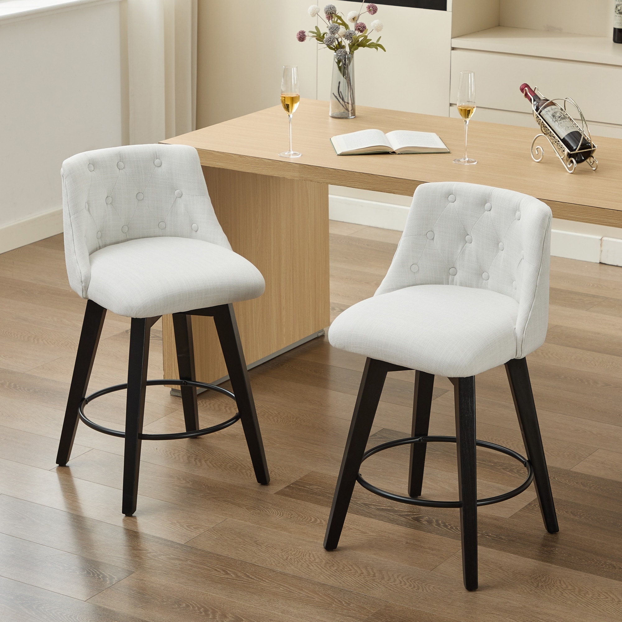 25" Swivel Bar Stools Set of 2-Modern Counter Height Stools with Linen Upholstery&Button Tufted Back, Solid Wood Frame Barstools