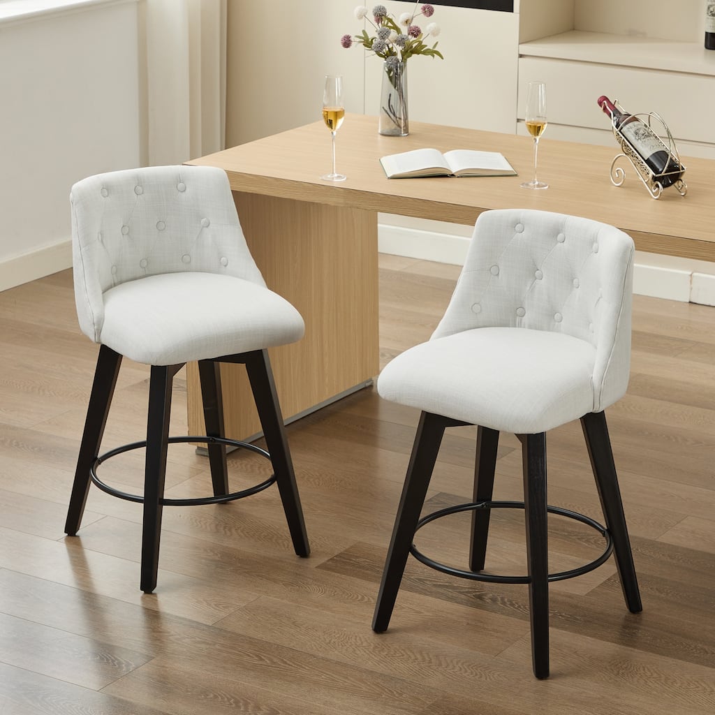 25in Swivel Bar Stools Set of 2 Counter Height Linen Upholstered Button Tufted Solid Wood Kitchen Island Breakfast Bar