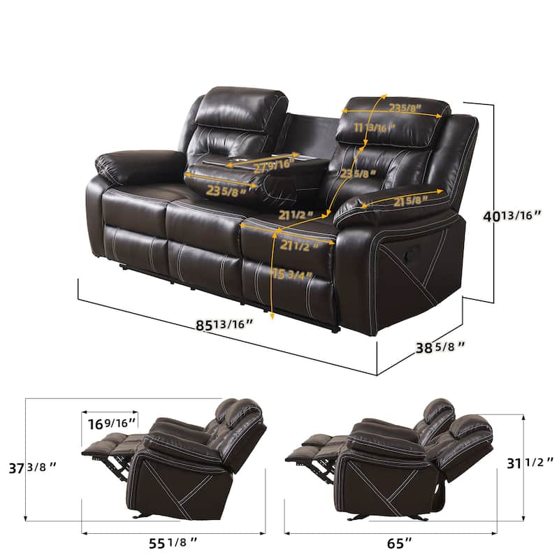 86 Inch Faux Leather Top Arm Reclining Upholstered Sofa - 86" x 40" in.
