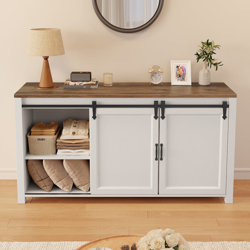 Farmhouse Sideboard Buffet Cabinet with Storage,Coffee Bar Cabinet with 4 Drawers and Sliding Barn Doors