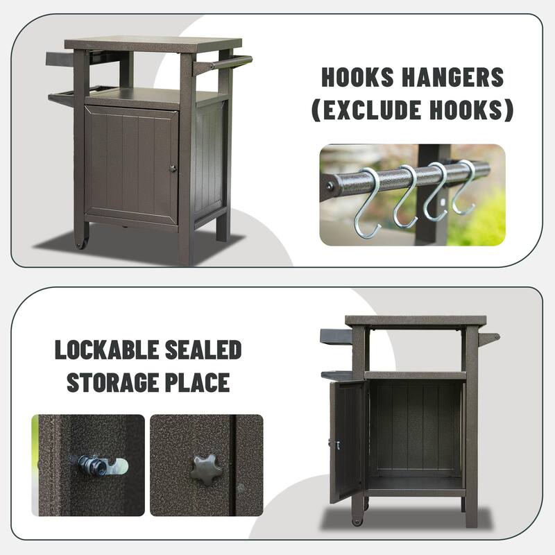 Grill Carts Outdoor with Storage and Wheels, Whole Metal Portable Table and Storage Cabinet for BBQ, Deck, Patio