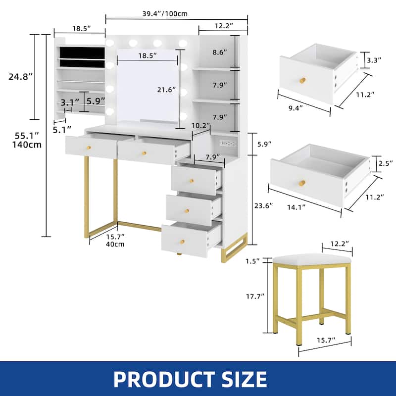 Moasis 5 Drawer Makeup Vanity Table Set with Mirror, LED Lights and Power Outlet