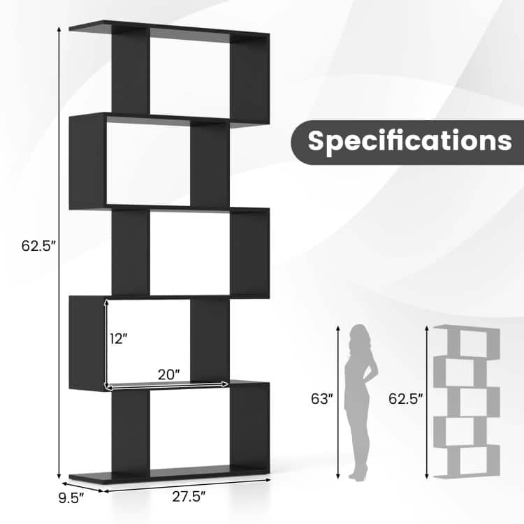 5-Tier Bookshelf with Anti-Toppling Device for Living Room Home Office - 27.5" x 9.5" x 62.5"