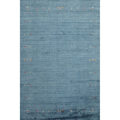 Hand Knotted Oriental Viscose Silk Carpet Tribal Animal Pictorial Navy Blue & Blues Gabbeh Area Rug - 9' 9'' X 7' 9''