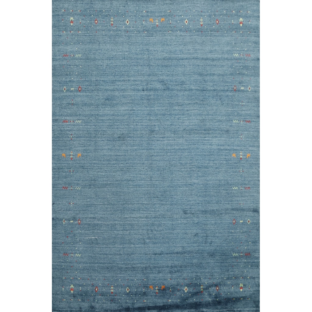 Hand Knotted Oriental Viscose Silk Carpet Tribal Animal Pictorial Navy Blue & Blues Gabbeh Area Rug - 9' 9'' X 7' 9''