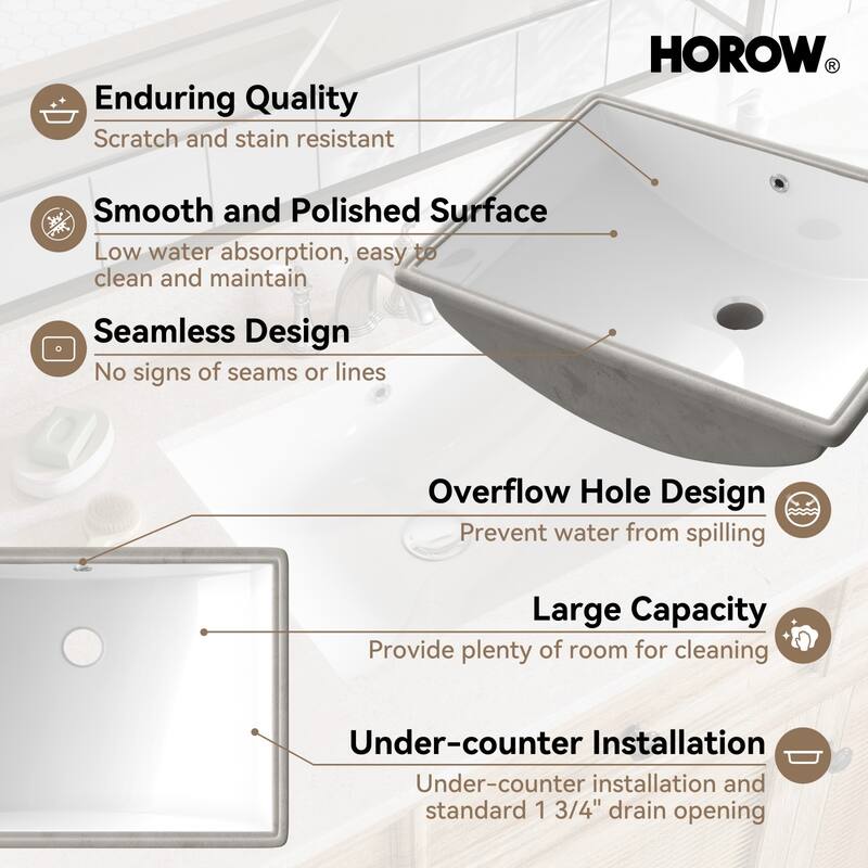 HOROW 21.6 in. Rectangular Undermount Ceramic Bathroom Sink in White with Overflow