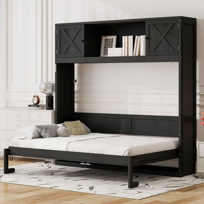 Full Size Murphy Bed with Storage Cabinets, Modern Design Folding Bookcase Bed Frame with Open Shelf - Full
