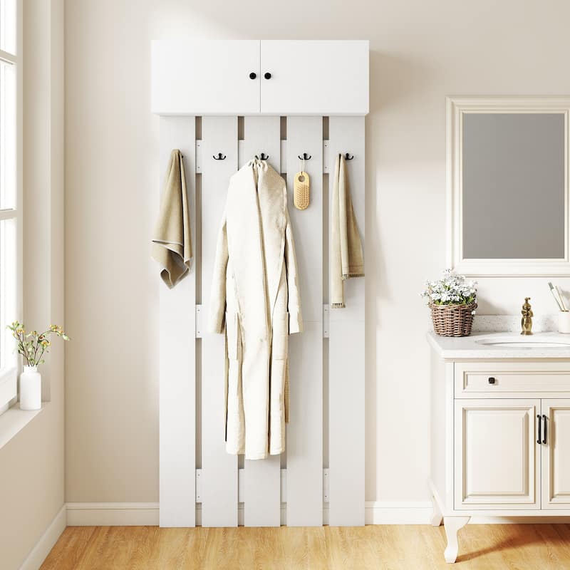 Engineered Wood Wall Coat Rack with Hooks and Cabinet - 35 x 13 x 82.6 in.