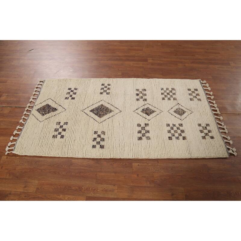 Ivory Geometric Moroccan Modern Accent Rug Handmade Wool Carpet - 2'11"x 5'5"