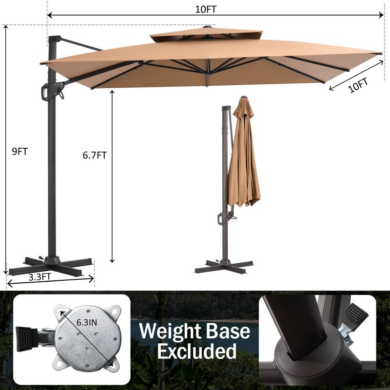Pellebant 10'X10 FT Outdoor Patio Square Cantilever Umbrella with Double Top