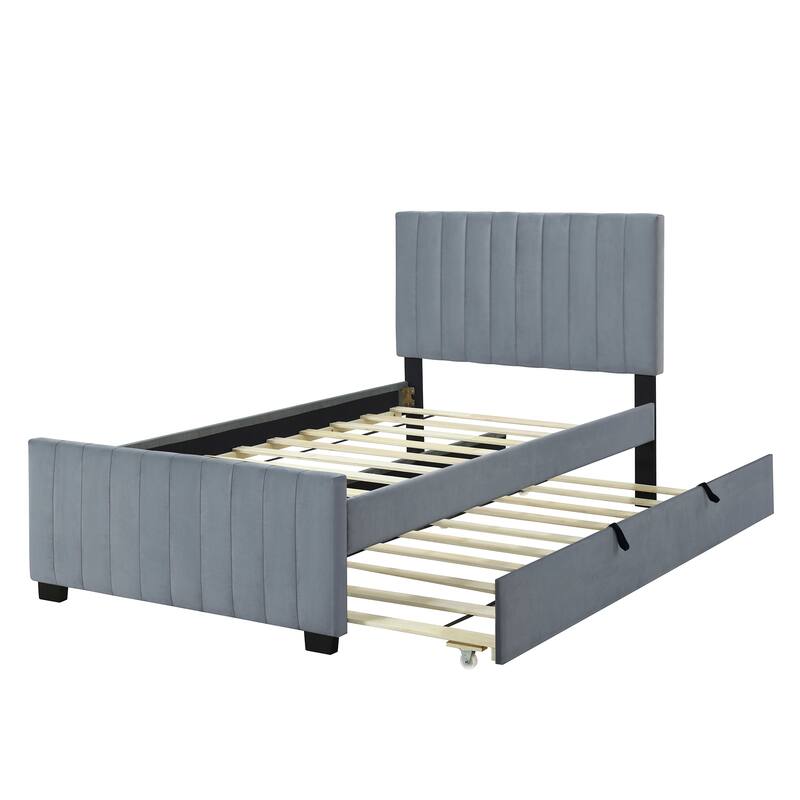 Twin Size Velvet Upholstered Platform Bed with Trundle, Gray