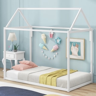 Simple Metal House Bed Floor Bed Frame, Twin
