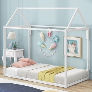 Simple Metal House Bed Floor Bed Frame - Twin - White