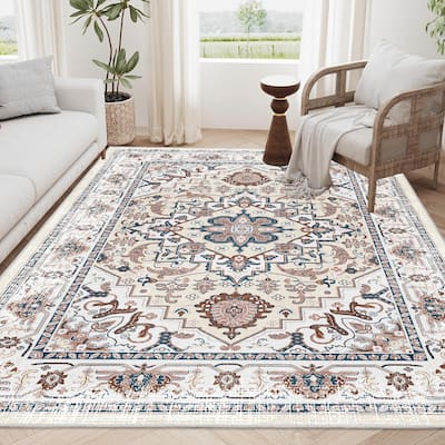 Area Rug 6x9 Vintage Bohemia Large Persian Non-slip Washable Rug For Living Room Kitchen Bedroom Flower Design Orange-yellow