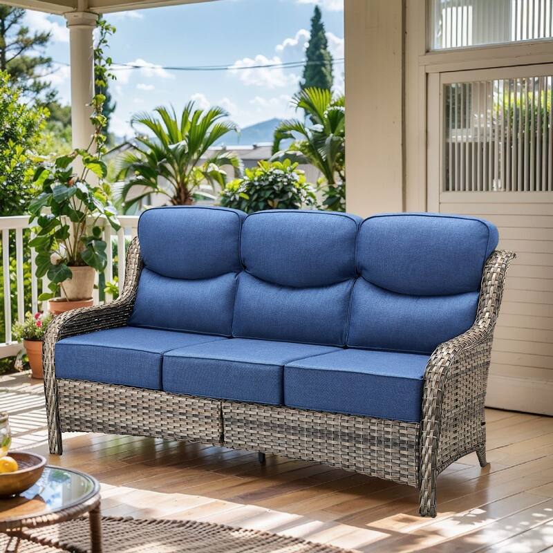Arcadia 3-Seat Handwoven Wicker Patio Sofa with 6-Inch Thick Cushions - Navy Blue Cushions - Gray Wicker