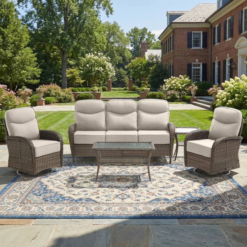 Pocassy Outdoor Wicker Patio Sofa with Swivel Chair and Coffee Table - Brown Wicker Beige Cushion - 5-Piece Sofa Swivel Chair with Table