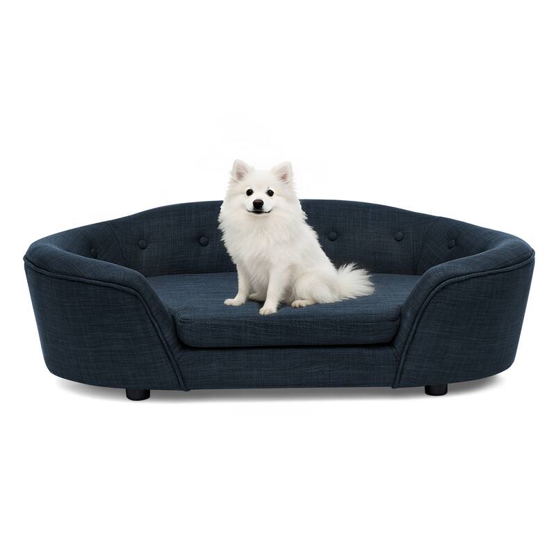 Oval Semi-Enclosed Dog Sofa, Durable Linen Material, Button-Tufted Backrest, High-Center Low-Sides Support Plush Comfort-Beige