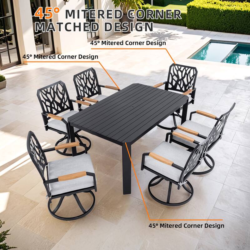 7 Piece Outdoor Aluminum Furniture Set with 6 Swivel Rocking Chairs and Rectangular Table, Patio Dining Set with Umbrella Hole