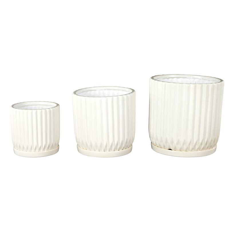 Black or White Ceramic Ribbed Indoor Outdoor Planter with Attached Saucer (Set of 3)