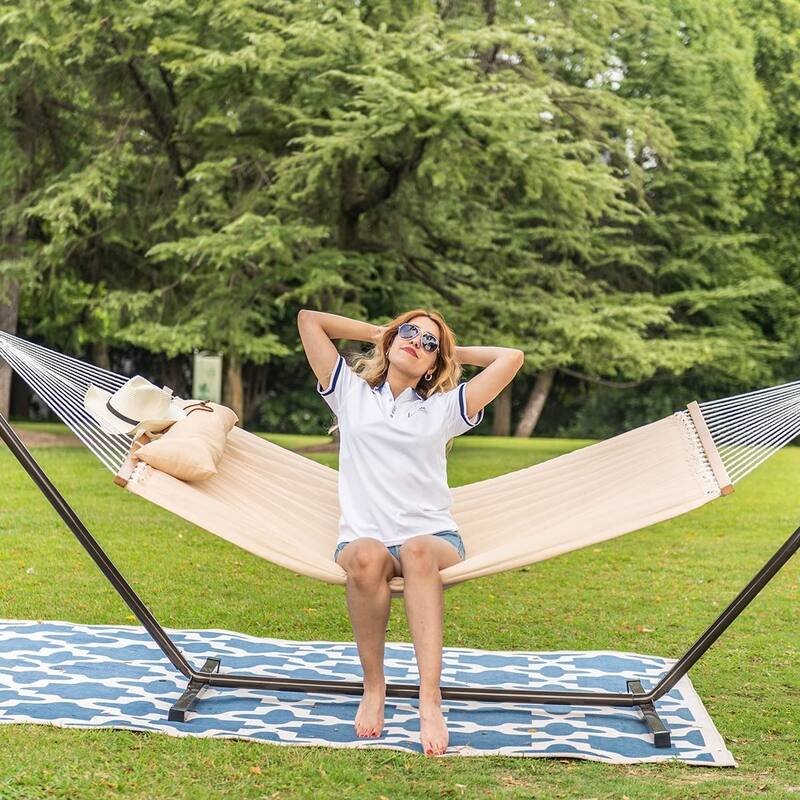Outdoor Cotton Rope Hammock with 12FT Steel Stand