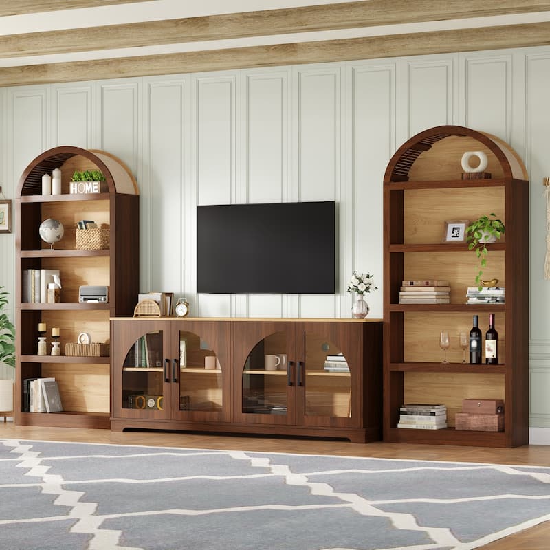 3-Piece TV Stand Set with Bookshelf for TVs Up to 70", Wood Grain Entertainment Center with Arched Design, Tempered Glass Doors - Walnut