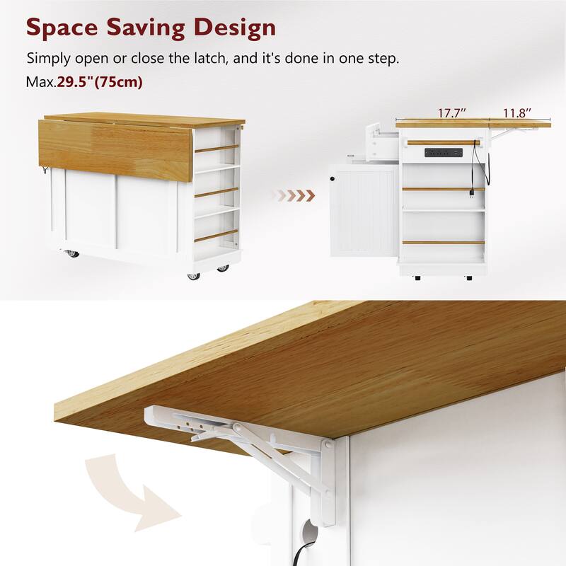 48"Kitchen Island with Drop Leaf,Power Outlet,Internal Storage Rack,Rolling Storage Cart on 5 Wheels with 5 Open Side Racks