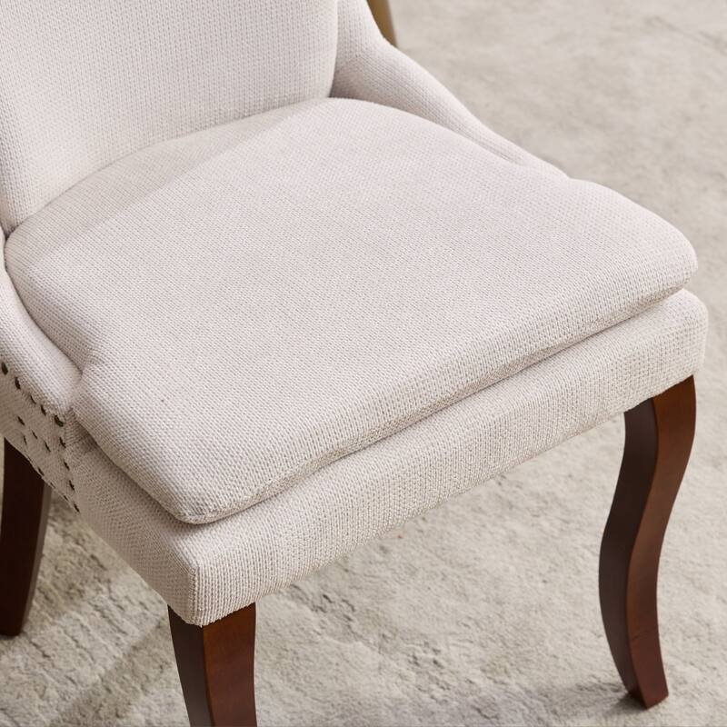 Double-layer Cushioned Dining Chairs Set of 2 Chenille Mid-Back Chair with Nailhead Trim Side Chair with Bent Wood Legs