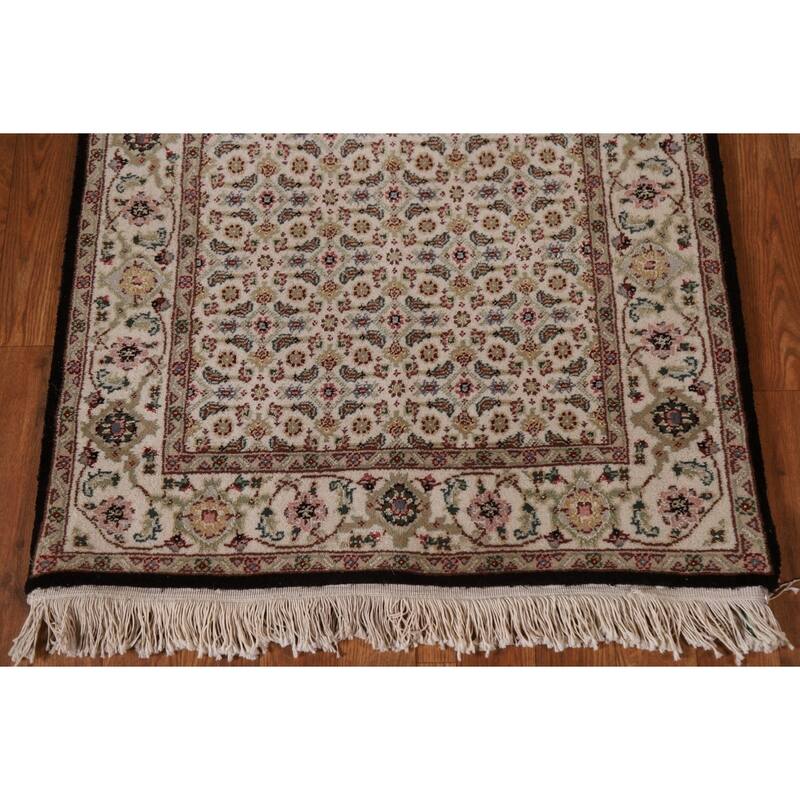 Hand Knotted Oriental Wool & Silk Carpet Traditional Floral Beige & Ivories Tabriz Runner Rug - 20' 4'' X 2' 7''