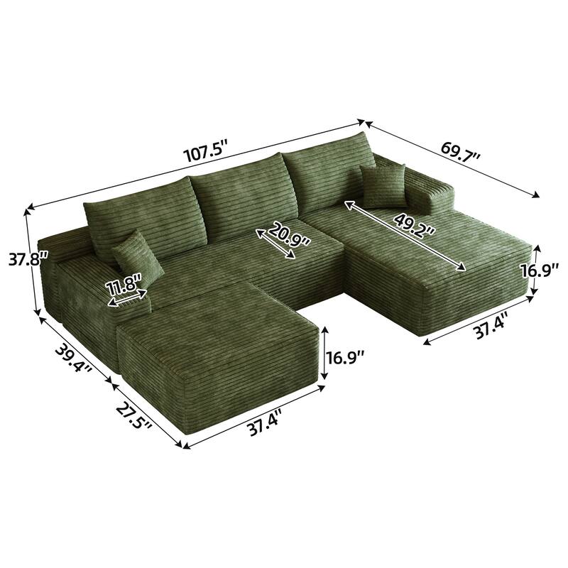U-Shape Modular Sectional Sofa with Chaise & Ottoman, Corduroy Boneless Cloud Sofa, Corner Upholstered Sleeper Sofa