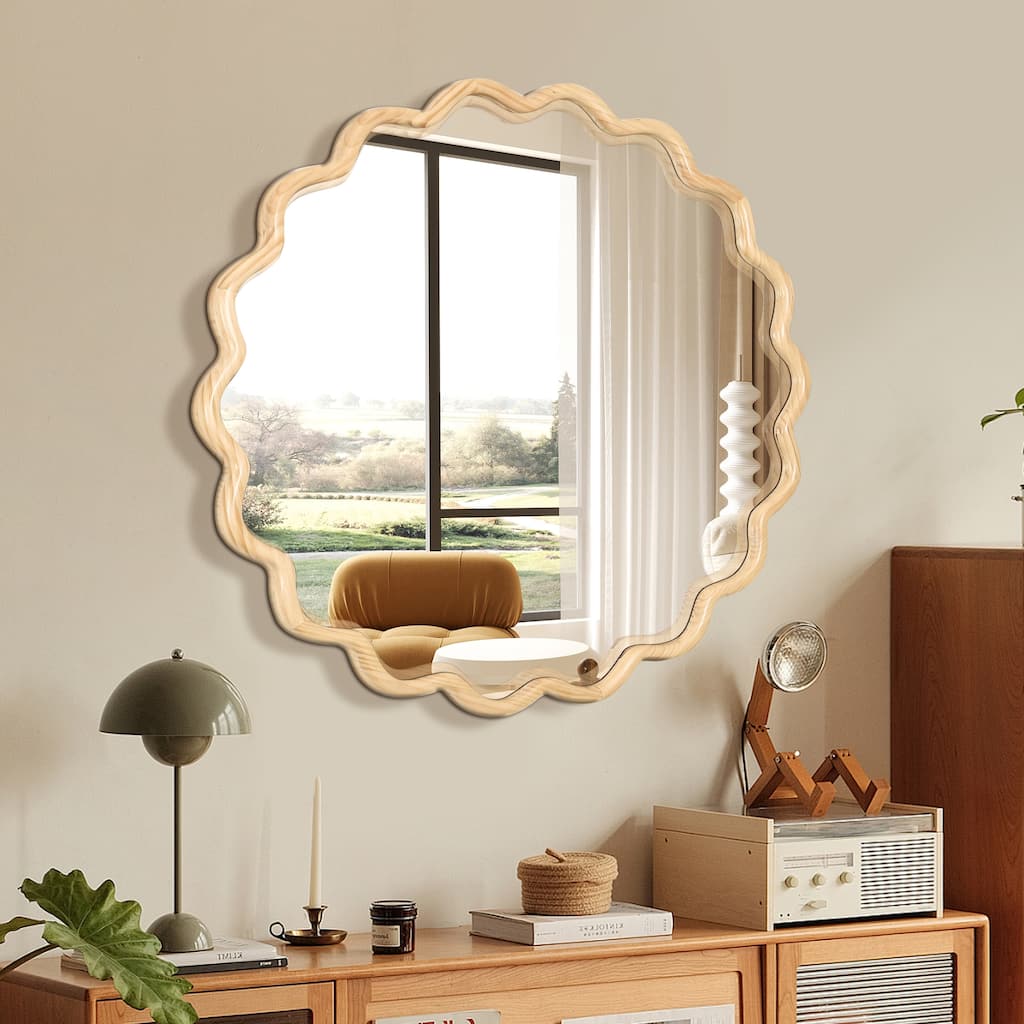 Roomfitters 42" Solid Wood Wavy Mirror, Large Modern Round Wall Decor for Bathroom, Bedroom & Entryway, Natural Wood