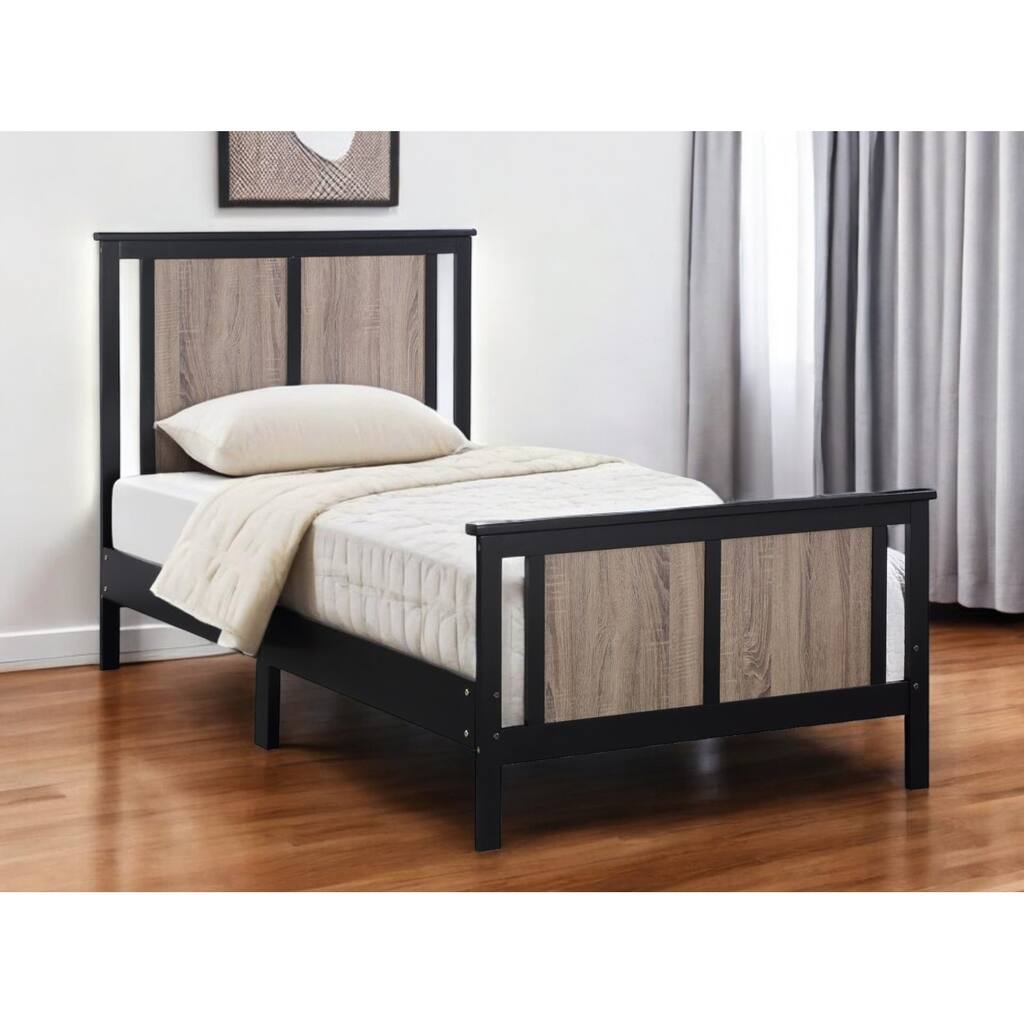 HomeRoots Black And Walnut Reversible Solid Wood Twin Bed Frame