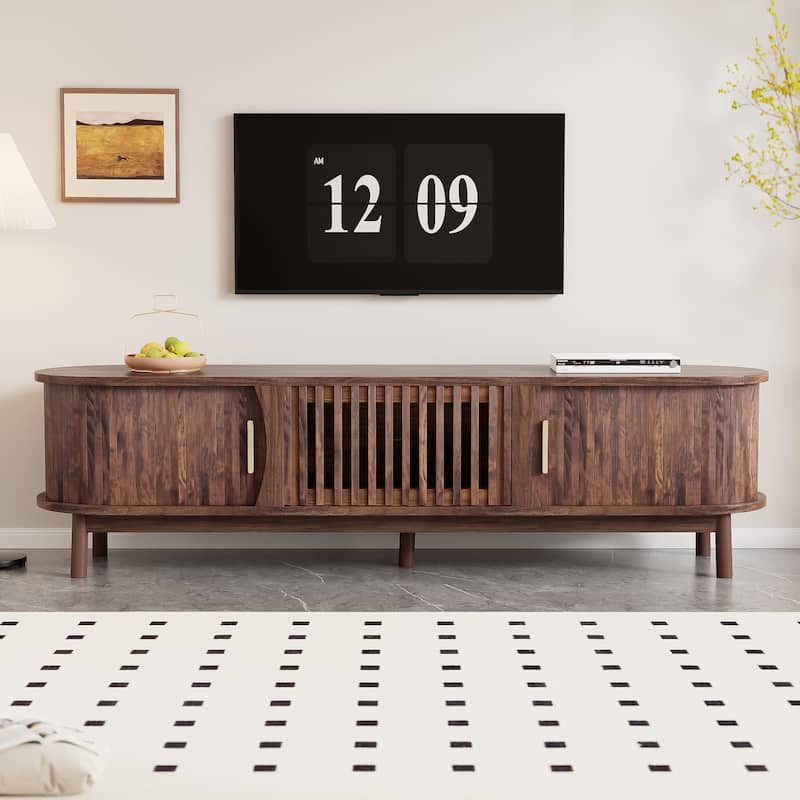 Roomfitters Farmhouse TV Stand for 75" TVs, Wood Entertainment Console with Storage Cabinet, Living Room Design, Dark Brown