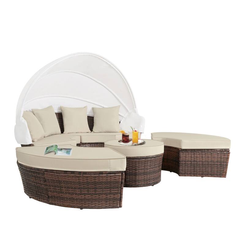 Ledel Wicker Outdoor Daybed 5-piece Sectional Sofa Set With Retractable Canopy and Cushions