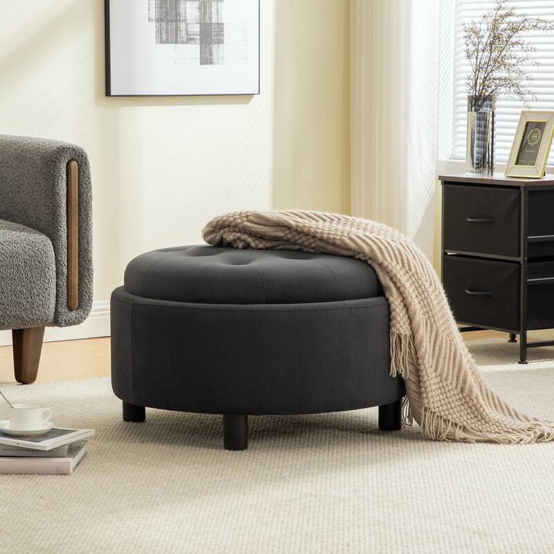 Fabric Storage Ottoman with Reversible Lid and Buckle Design Footstool - Gray