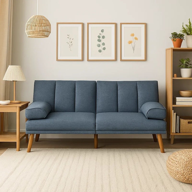 Dora 71 Inch Adjustable Futon Sofa Bed with Vertical Channel Tufting, Blue